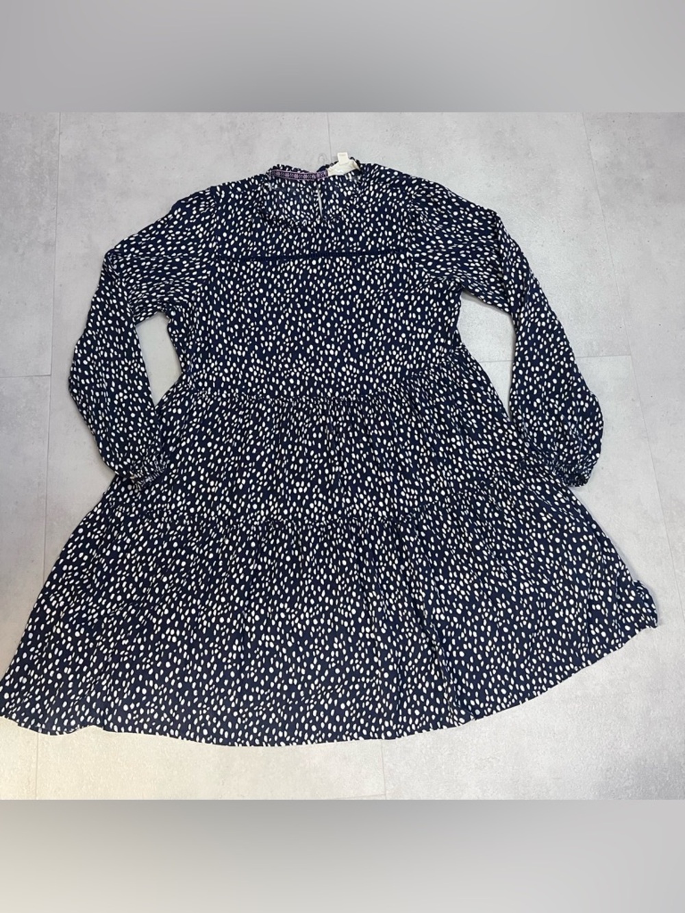 Nurture A-line Mini Dress Sz M Long Sleeve Blue White Dots Rayon Boho Tiered